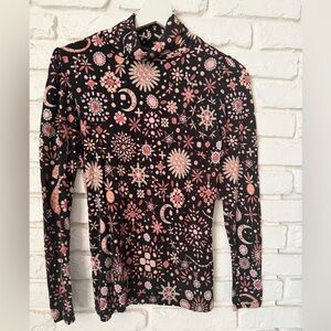 Ann Taylor Black and Pink Celestial Floral Long Sleeve Top
